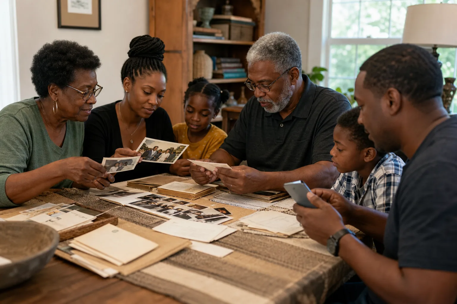 Family gathered around a table organising photographs and details together