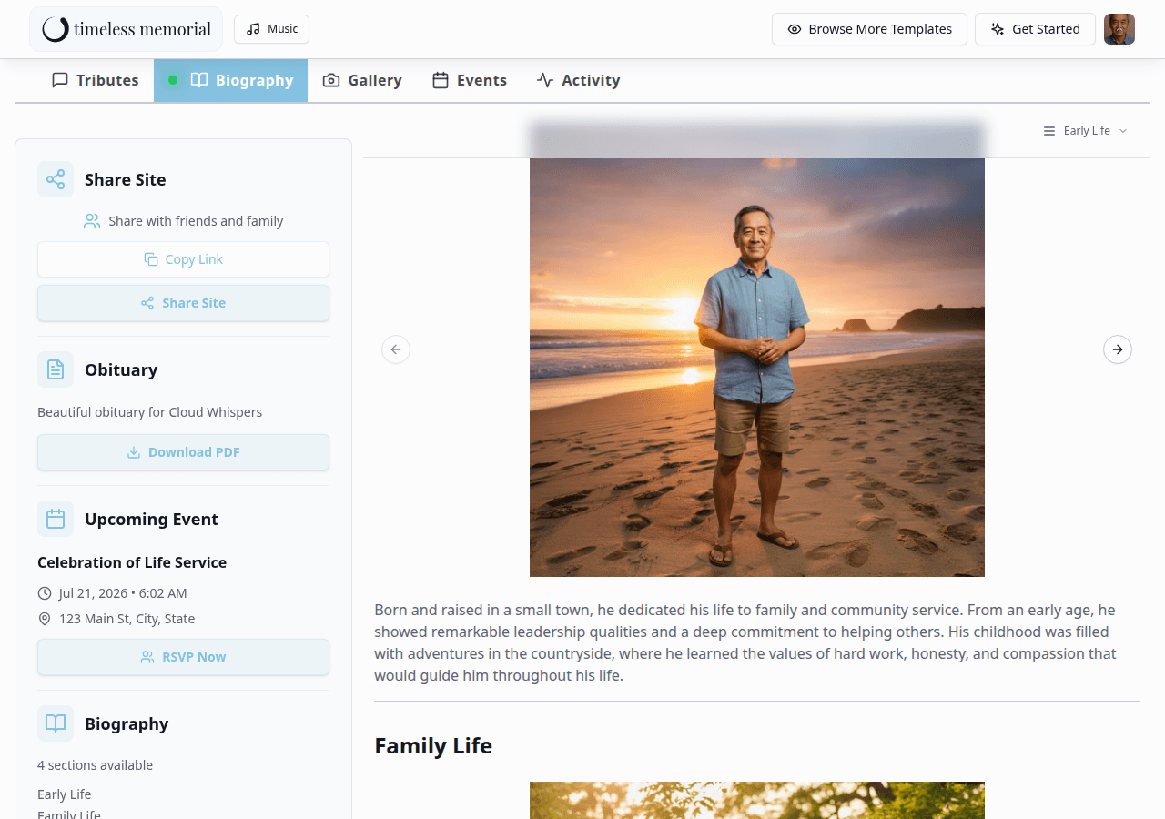 Screenshot of the Timeless Memorial biography and life story section