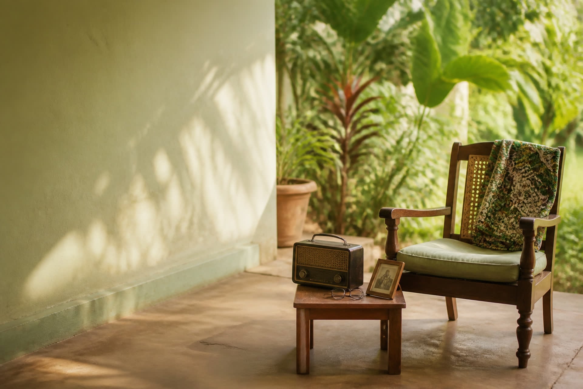 A sunlit veranda with objects that suggest a life well lived