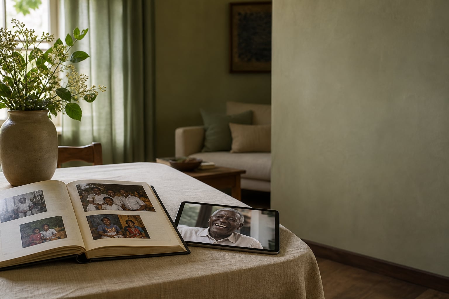 An open family album beside a tablet showing a home video of a smiling elder