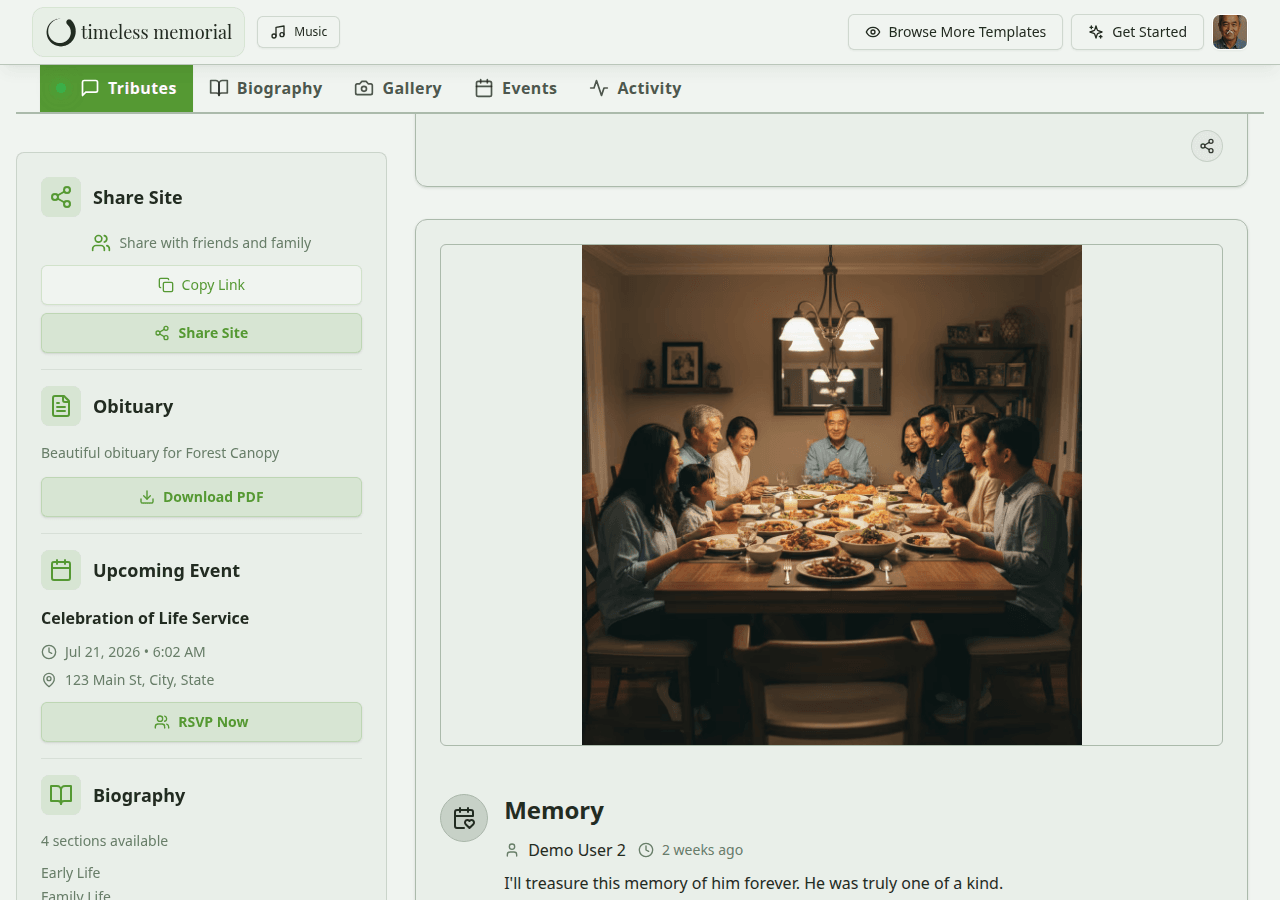 Screenshot of the Timeless Memorial guestbook tributes section