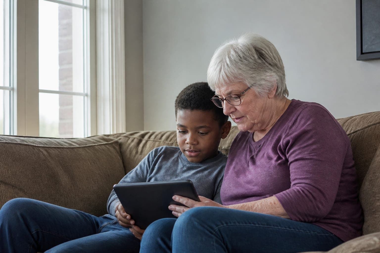 An older adult and a younger relative watching a funeral livestream together from home