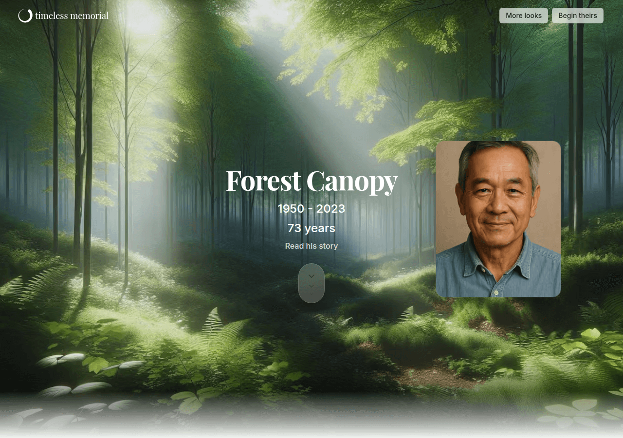 Demo Timeless memorial overview showing a calm memorial home